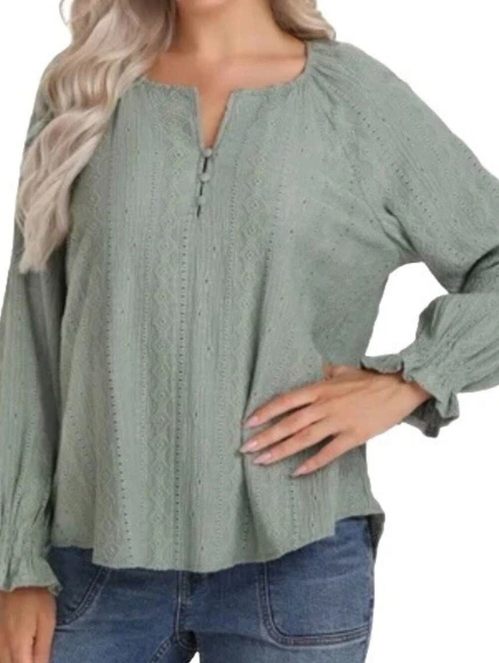 FRYE Green Southwest Embroidered Long Sleeve Peasant Top Western Boho Size XXL